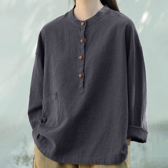 Endives Womens Cotton Linen Shirt Long Sleeved Shirt Button Down Shirt Collared Blouse for Women Black