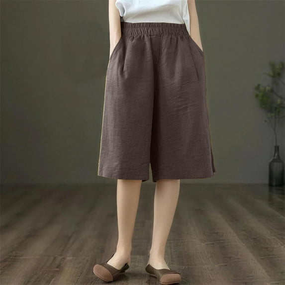 Endives Womens Cotton Linen Short Five Point Pants Thin High Waist Loose Slimming Breathable Casual Pants Straight Wide Leg Pants Coffee