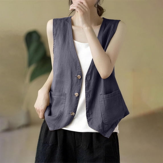Endives Womens Cotton Linen Vest Casual Vest Top Outerwear Vest Stylish Short Vest Top Summer Grey