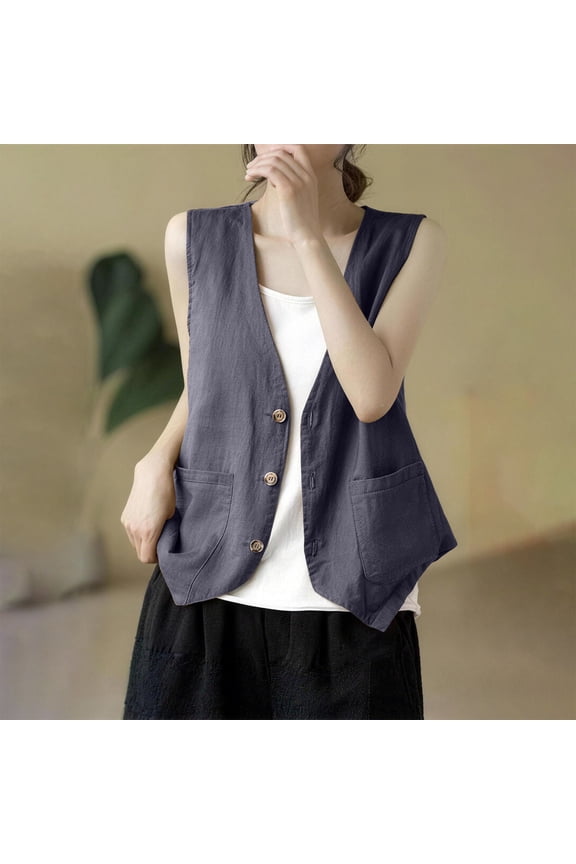Womens Cotton Linen Vest Casual Vest Top Outerwear Vest Stylish Short Vest Top Summer Grey