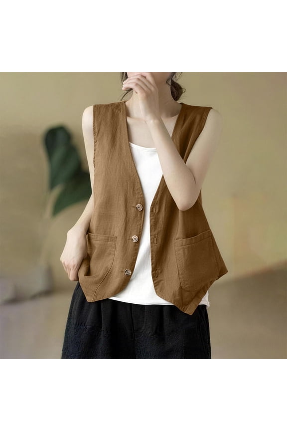 Womens Cotton Linen Vest Casual Vest Top Outerwear Vest Stylish Short Vest Top Summer Khaki