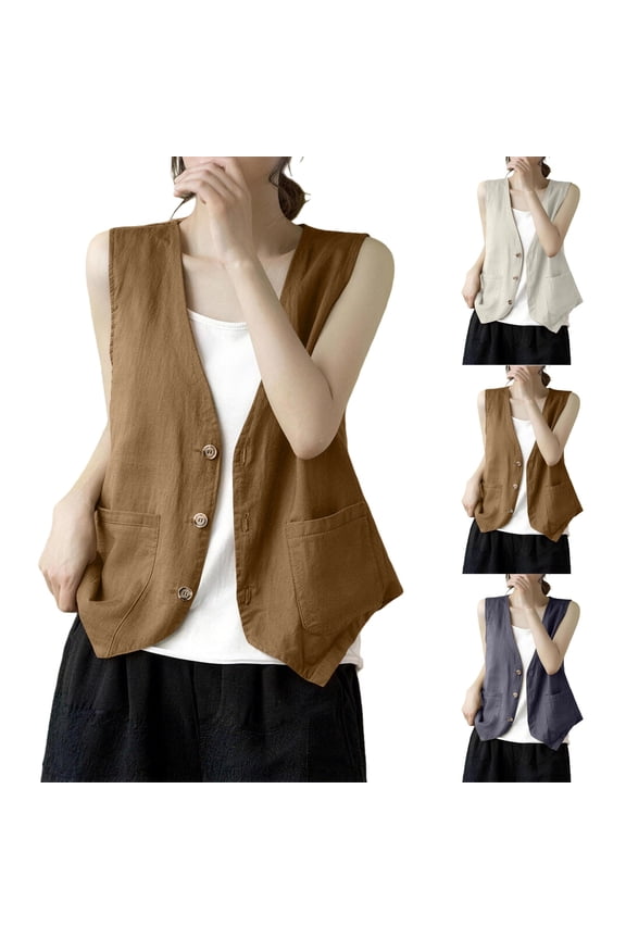 Womens Cotton Linen Vest Casual Vest Top Outerwear Vest Stylish Short Vest Top Summer Khaki