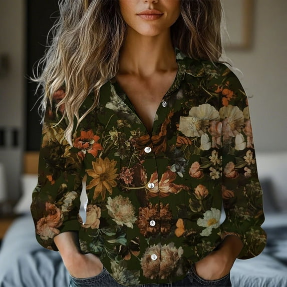 Endives Womens Cotton Shirt Art Printed Button Down Shirts Casual Womens Tops Long Sleeve Blouse