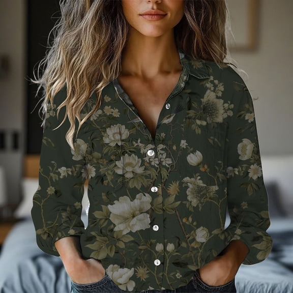 Endives Womens Cotton Shirt Art Printed Button Down Shirts Casual Womens Tops Long Sleeve Blouse