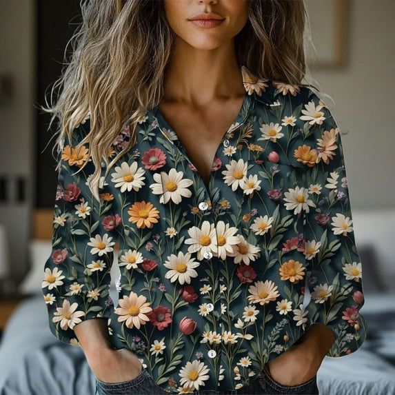Endives Womens Cotton Shirt Art Printed Button Down Shirts Casual Womens Tops Long Sleeve Blouse