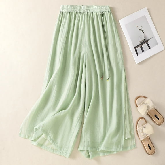 Endives Womens Double-layer Linen Pant Breathable Thin Wide Leg Pants Elastic Waist Solid Color Split Casual Loose Pants Summer M-4XL Green