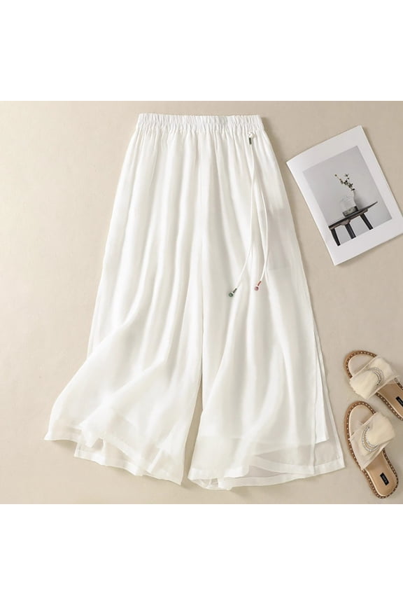 Womens Double-layer Linen Pant Breathable Thin Wide Leg Pants Elastic Waist Solid Color Split Casual Loose Pants Summer M-4XL White