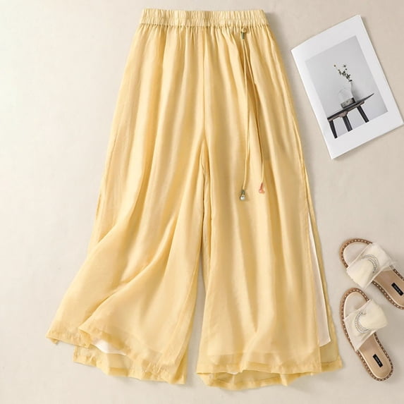 Endives Womens Double-layer Linen Pant Breathable Thin Wide Leg Pants Elastic Waist Solid Color Split Casual Loose Pants Summer M-4XL Yellow