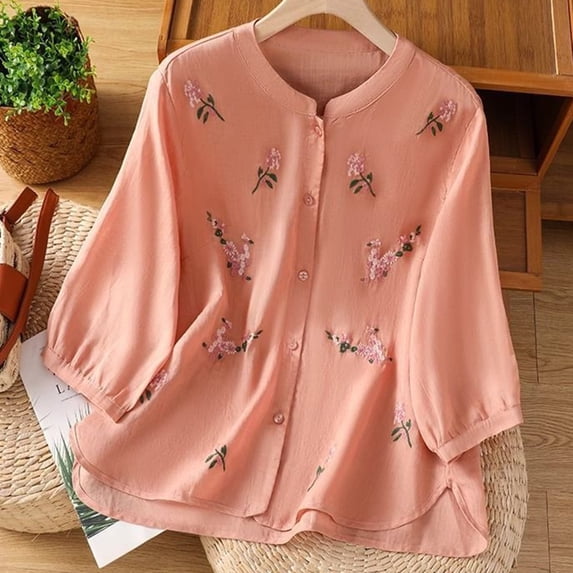 Endives Womens Embroidered Shirt Womens Tops Shirts Ethnic Style Tee V Neck Breathable T Shirt Blouse Summer