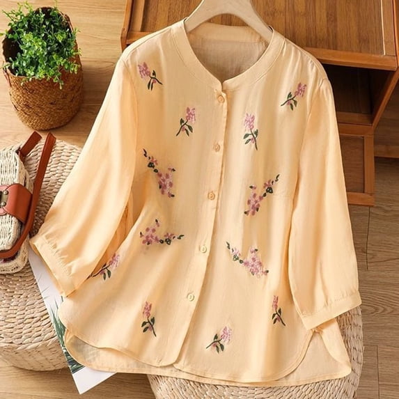 Endives Womens Embroidered Shirt Womens Tops Shirts Ethnic Style Tee V Neck Breathable T Shirt Blouse Summer