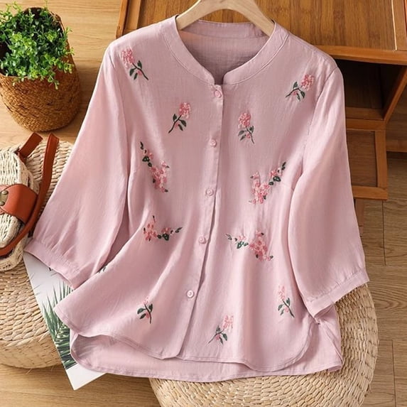 Endives Womens Embroidered Shirt Womens Tops Shirts Ethnic Style Tee V Neck Breathable T Shirt Blouse Summer