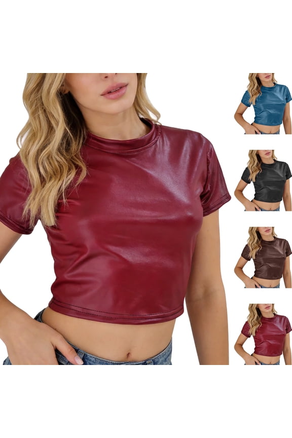 Womens Leather Crop Top Tee Slim Fit Short Sleeve Cropped Tee Trendy Streetwear Wine