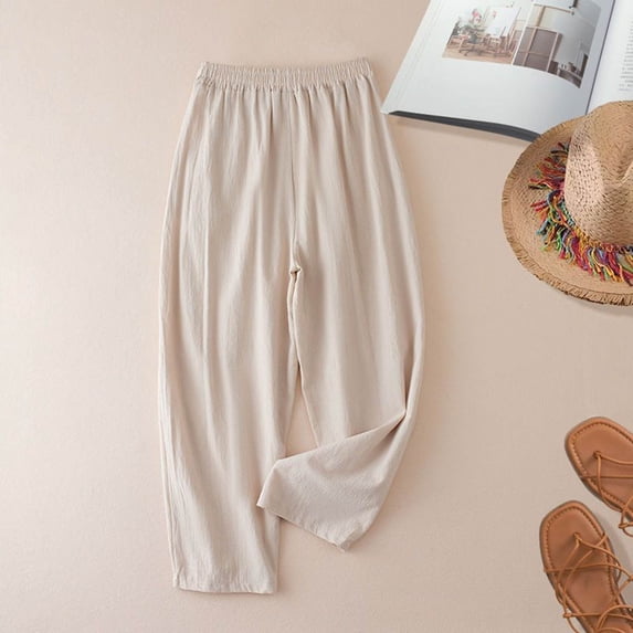 Endives Womens Linen Pant Baggy Retro Solid Color Cotton Linen Wide Leg Pant Loose Casual Pants Summer Beige