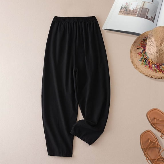 Endives Womens Linen Pant Baggy Retro Solid Color Cotton Linen Wide Leg Pant Loose Casual Pants Summer Black