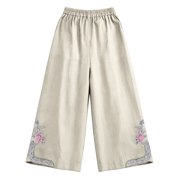 Endives Womens Linen Pant Baggy Summer Embroidered Cotton Linen Wide Leg Pant Casual Slacks 2026 New Trendy Beige