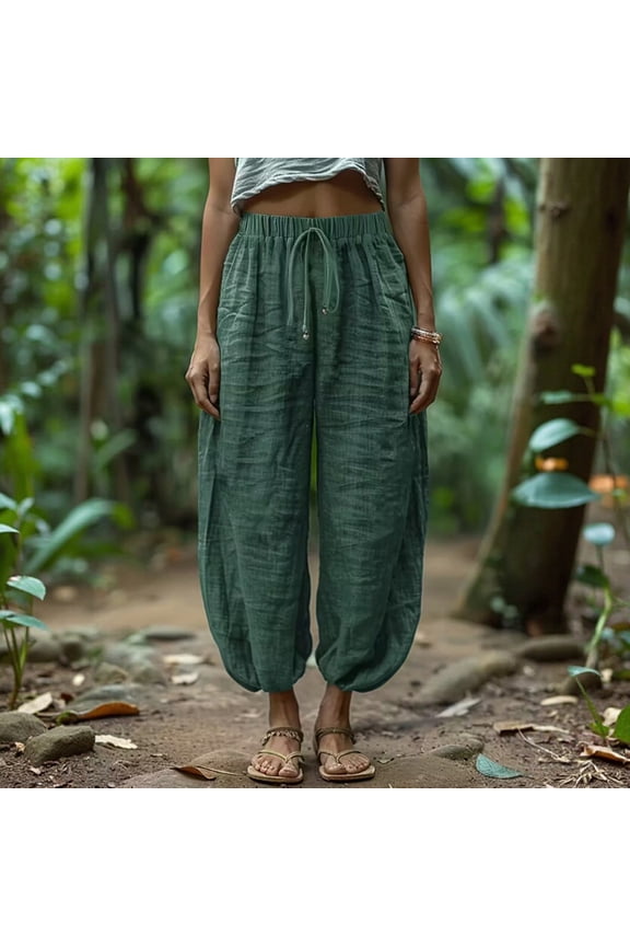Womens Linen Pant Elastic Bloomers Loose And Slim Pants Lantern Pants With Pockets Green