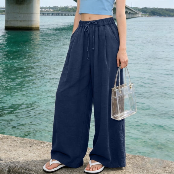 Endives Womens Linen Pant Elastic Waist Loose Wide Leg Pants Breathable Casual Pant Trousers Plus Size M-6XL Navy