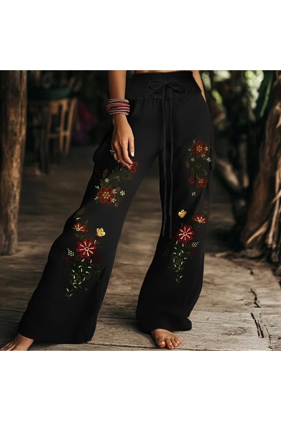 Womens Linen Pant Embroidery Retro Art Print Bohemia Staly High Waisted Wide Leg Pants Casual Beach Pants S-5XL Black