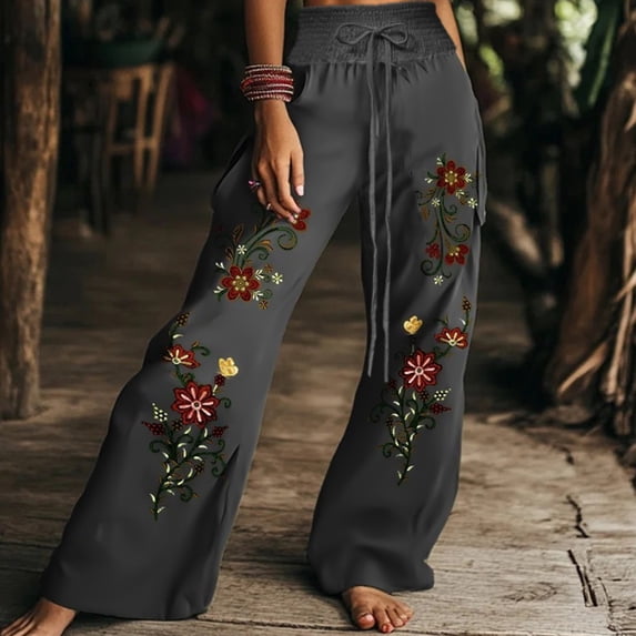 Endives Womens Linen Pant Embroidery Retro Art Print Bohemia Staly High Waisted Wide Leg Pants Casual Beach Pants S-5XL Dark Gray