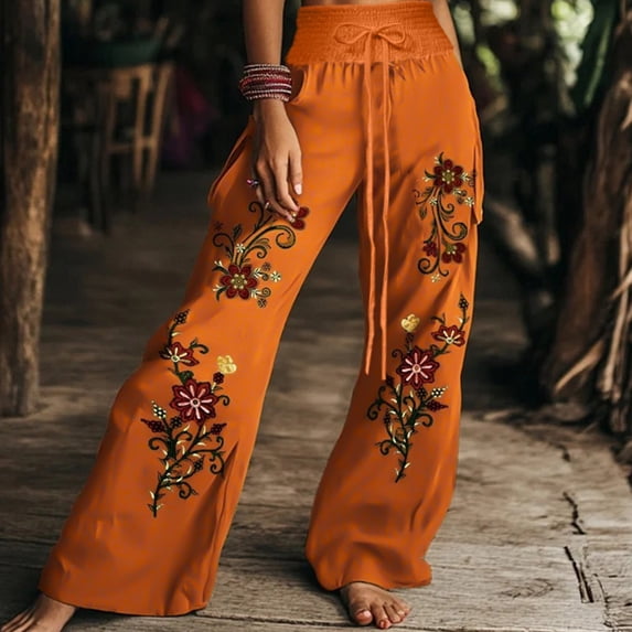 Endives Womens Linen Pant Embroidery Retro Art Print Bohemia Staly High Waisted Wide Leg Pants Casual Beach Pants S-5XL Orange