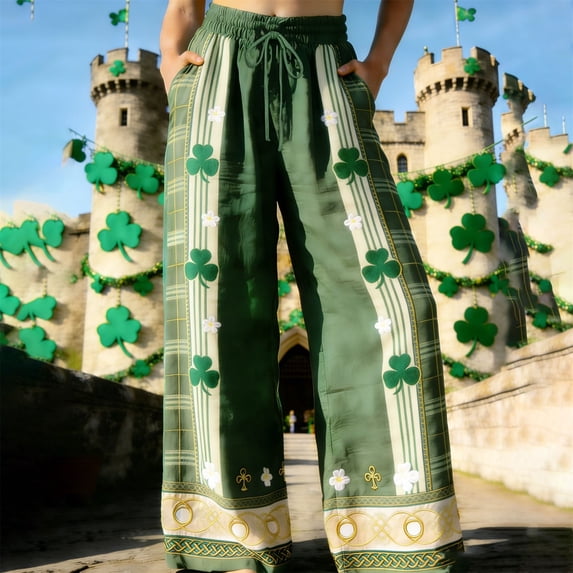 Endives Womens Linen Pants St. Patrick Printed Bohemia Staly High Waisted Wide Leg Pants Comfy Pants St Day Bottoms Green