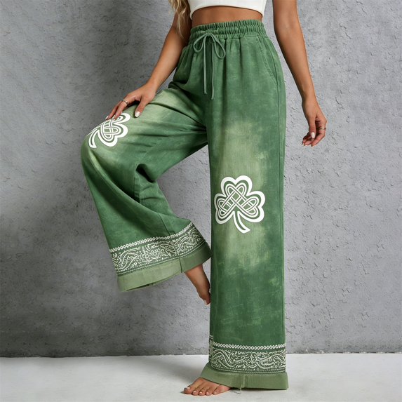 Endives Womens Linen Pants St. Patrick Printed Bohemia Staly High Waisted Wide Leg Pants Comfy Pants St Day Bottoms Light Green