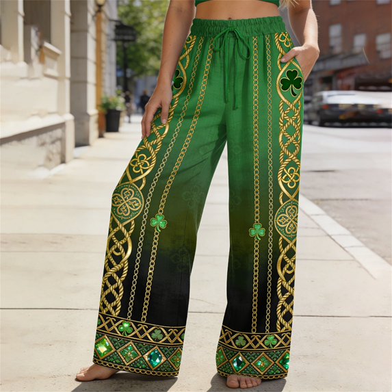 Endives Womens Linen Pants St. Patrick Printed Bohemia Staly High Waisted Wide Leg Pants Comfy Pants St Day Bottoms Light Yellow