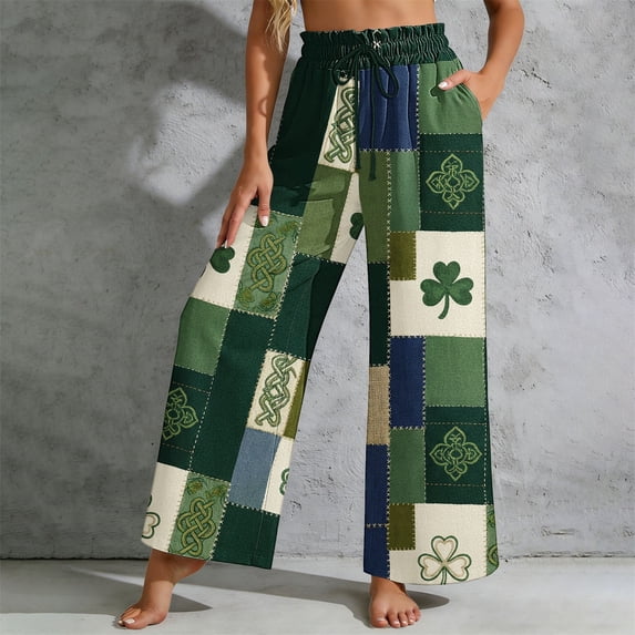 Endives Womens Linen Pants St. Patrick Printed Bohemia Staly High Waisted Wide Leg Pants Comfy Pants St Day Bottoms White