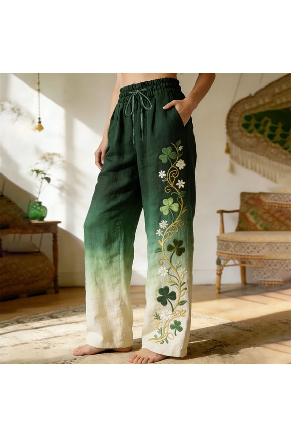 Womens Linen Pants St. Patrick Printed Casual High Waisted Baggy Pants Comfy Pants St Day Bottoms White