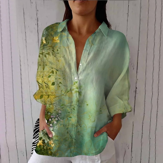 Endives Womens Linen Shirts Long Sleeve Blouse Casual V Neck Tops Summer Work Blouses Daily Outfit