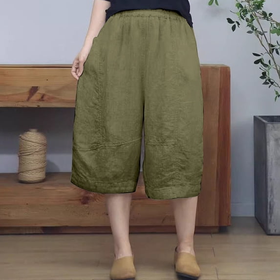 Endives Womens Linen Short Loose Solid Color Cotton Linen Pant Loose Below the Knees Elastic Waist Pants Green