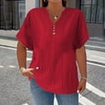 thumbnail image 1 of Endives Womens Linen T Shirt Casual Solid Color Button V Neck T Shirt Plus Size XL-5XL Red, 1 of 5