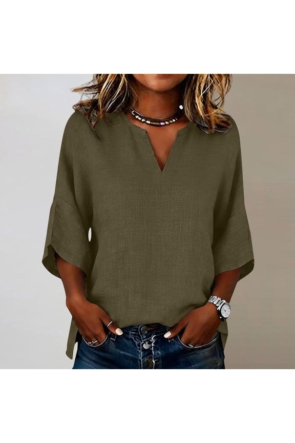 Womens Linen T Shirts Casual Solid Color 3/4 Sleeve Tops Drop Shoulder Loose Blouses for Women Summer Blackish Green