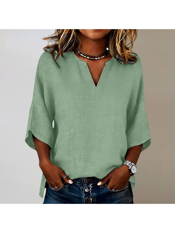 Womens Linen T Shirts Casual Solid Color 3/4 Sleeve Tops Drop Shoulder Loose Blouses for Women Summer Green