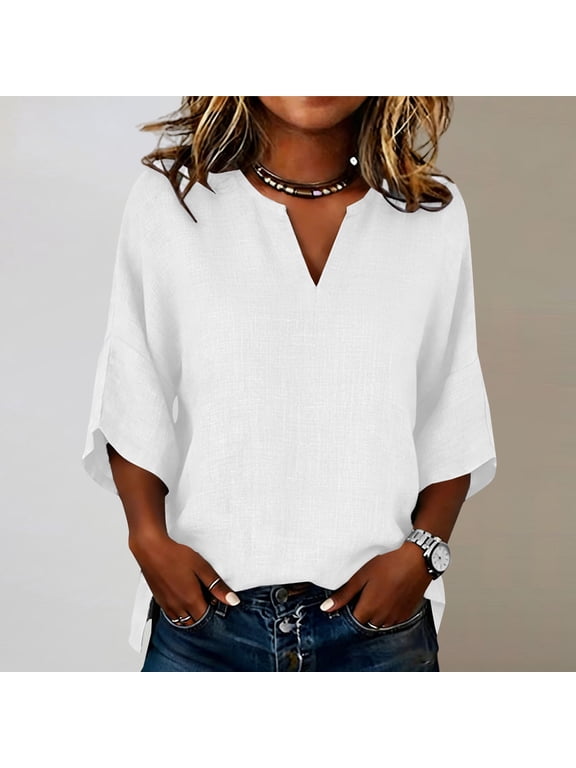 Womens Linen T Shirts Casual Solid Color 3/4 Sleeve Tops Drop Shoulder Loose Blouses for Women Summer White