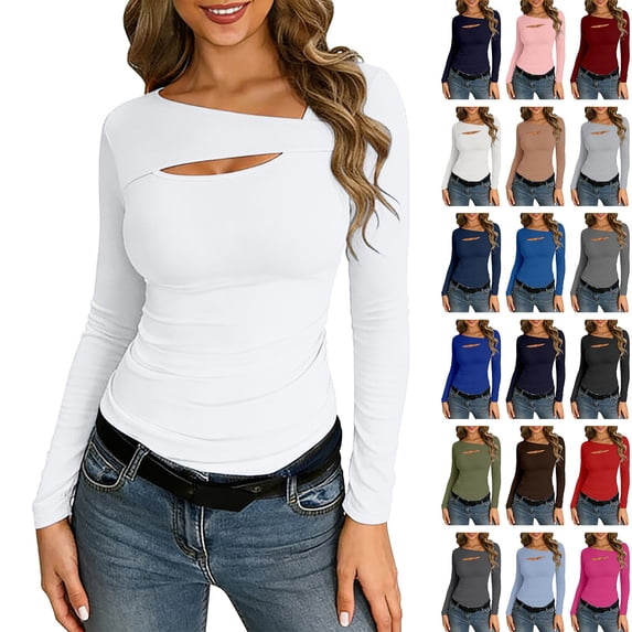 Endives Womens Long Sleeve Shirt Fashion Cutout Tops Basic Shirt Ribbed Slim Shirts Tee Tshirts Tunic Top Brown