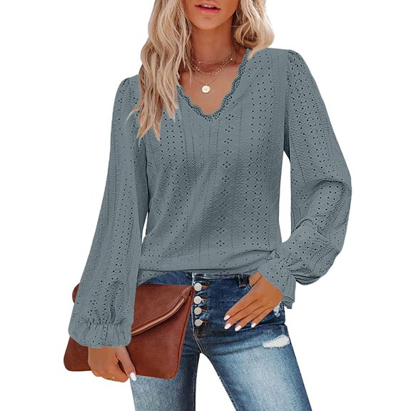 Endives Womens Long Sleeve Shirts Solid Color V Neck T Shirt Hollow Out Casual Pleated Sleeve Lace Sleeve Top Fall Blackish Green
