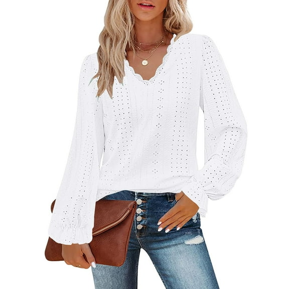 Endives Womens Long Sleeve Shirts Solid Color V Neck T Shirt Hollow Out Casual Pleated Sleeve Lace Sleeve Top Fall White