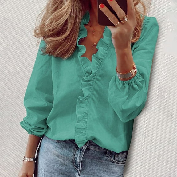 Endives Womens Long Sleeved Ruffled Shirt Casual Blouse Fall Tops Green