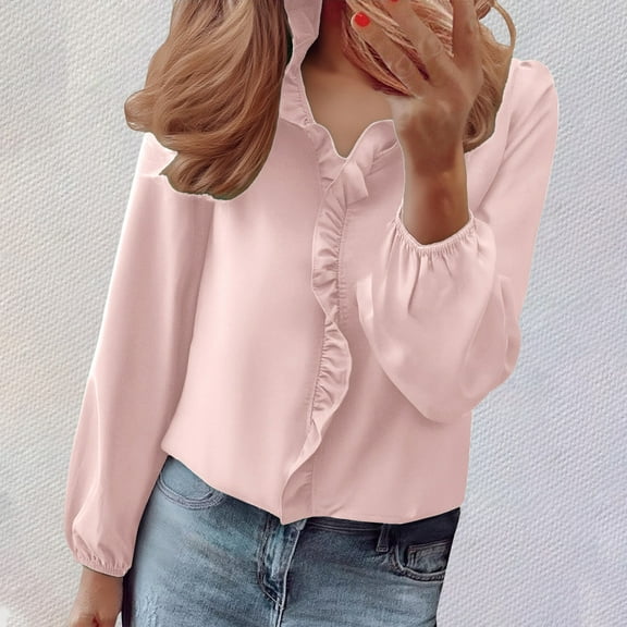 Endives Womens Long Sleeved Ruffled Shirt Casual Blouse Fall Tops Light Pink