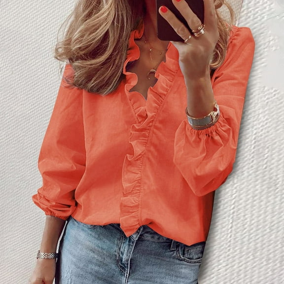 Endives Womens Long Sleeved Ruffled Shirt Casual Blouse Fall Tops Orange