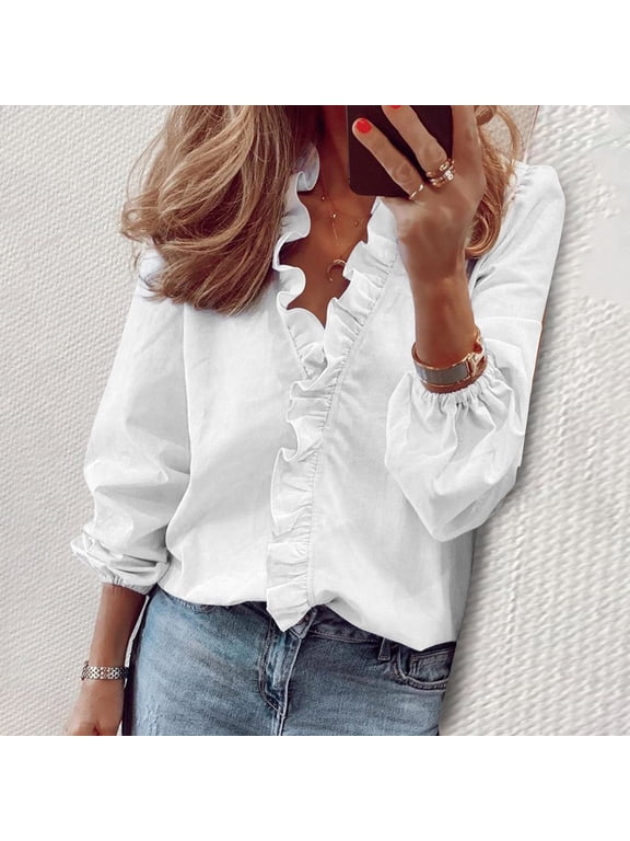 Womens Long Sleeved Ruffled Shirt Casual Blouse Fall Tops White