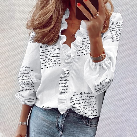 Endives Womens Long Sleeved Ruffled Shirt Casual Blouse Fall Tops White