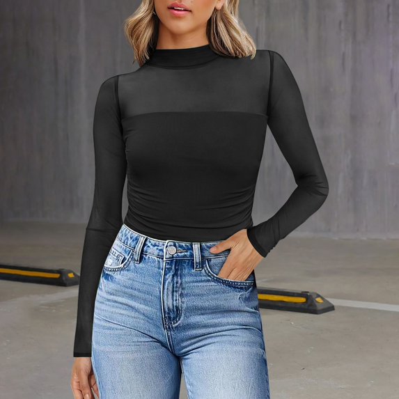 Endives Womens Mesh Long Sleeve Shirts Fashion Turtle Necks Ruched Outwear Tops Fall Outfits Slim Fit Blouses Basic Tee