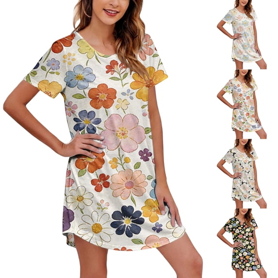 Endives Womens Midi Dress Nightgown for Women Short Sleeve Sleeshirt Soft Sleep Dress Lightweight Womens Nightshirt Sleepwear Lounge Dress for Women Colorful M