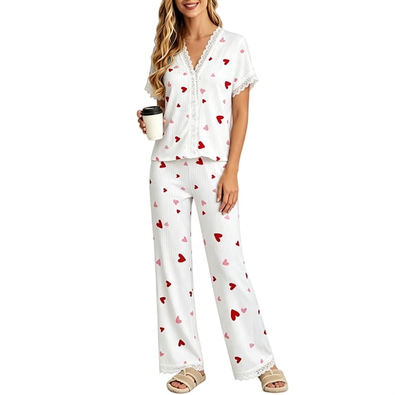 Endives Womens Pajama Sets Home Clothes Cherry Printed Embroidered Lace Short Sleeve Tshirt and Pants Pajama Set Two Piece Set Matching Sets Women Clothing