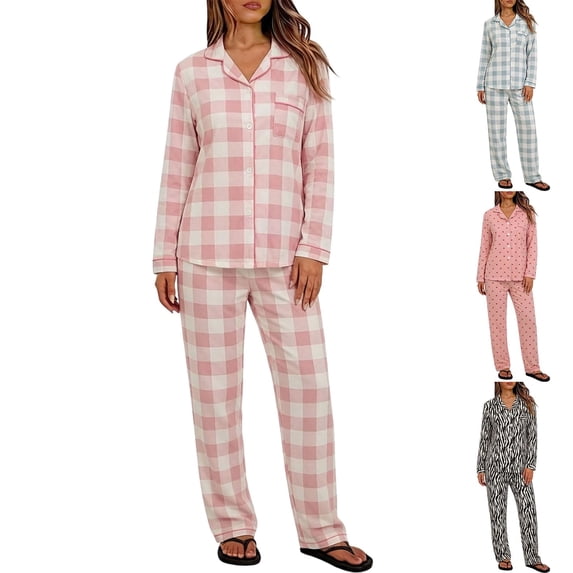 Endives Womens Pajama Sets Plaid Lapel Button Down Long Sleeve Shirt and Pants Casual Two Piece Pajamas Set Home Lounge Sets Soft Pjs Matching Sets Women Clothing
