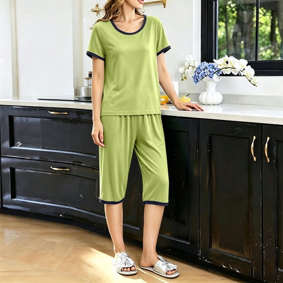 Endives Womens Pajama Sets Round Neck Short Sleeve Tshirt and Crop Pant Pajama Set Lightweight Summer Loose Fit Plus Size Leisure Nightwear Matching Sets Women Clothing
