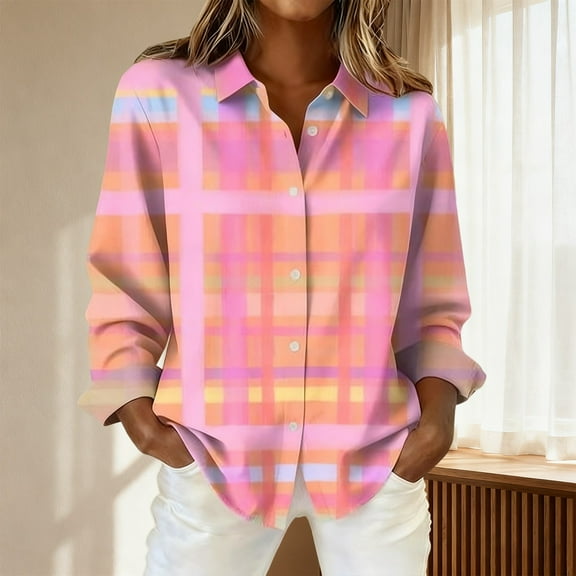 Endives Womens Plaid Shirts Long Sleeve Button Down Blouse Tops Retro Plaid Print Shirt Womens Tops