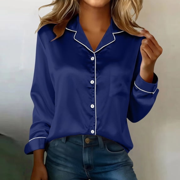 Endives Womens Satin Blouses Button Down Shirts Long Sleeve Shirt Lapel Collar Shirt Womens Tops Dark Blue